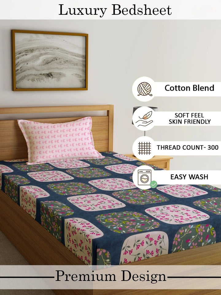 Myntra Elegant Homes Pink & Blue Floral 300 TC Single Bedsheet with 1 Pillow Covers