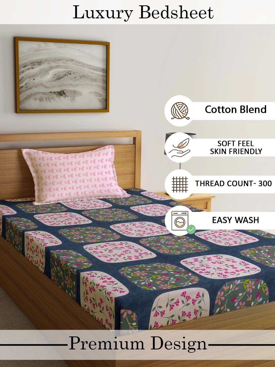 Myntra Elegant Homes Pink & Blue Floral 300 TC Single Bedsheet with 1 Pillow Covers