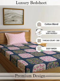 Myntra Elegant Homes Pink & Blue Floral 300 TC Single Bedsheet with 1 Pillow Covers
