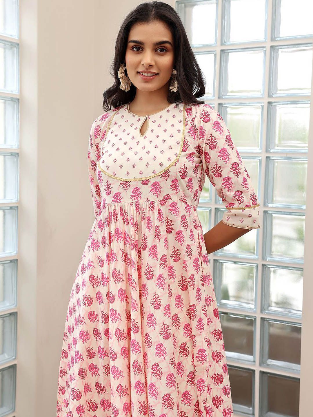 Libas Floral Printed Gotta Patti Pure Cotton Anarkali Kurta with Trousers & Dupatta
