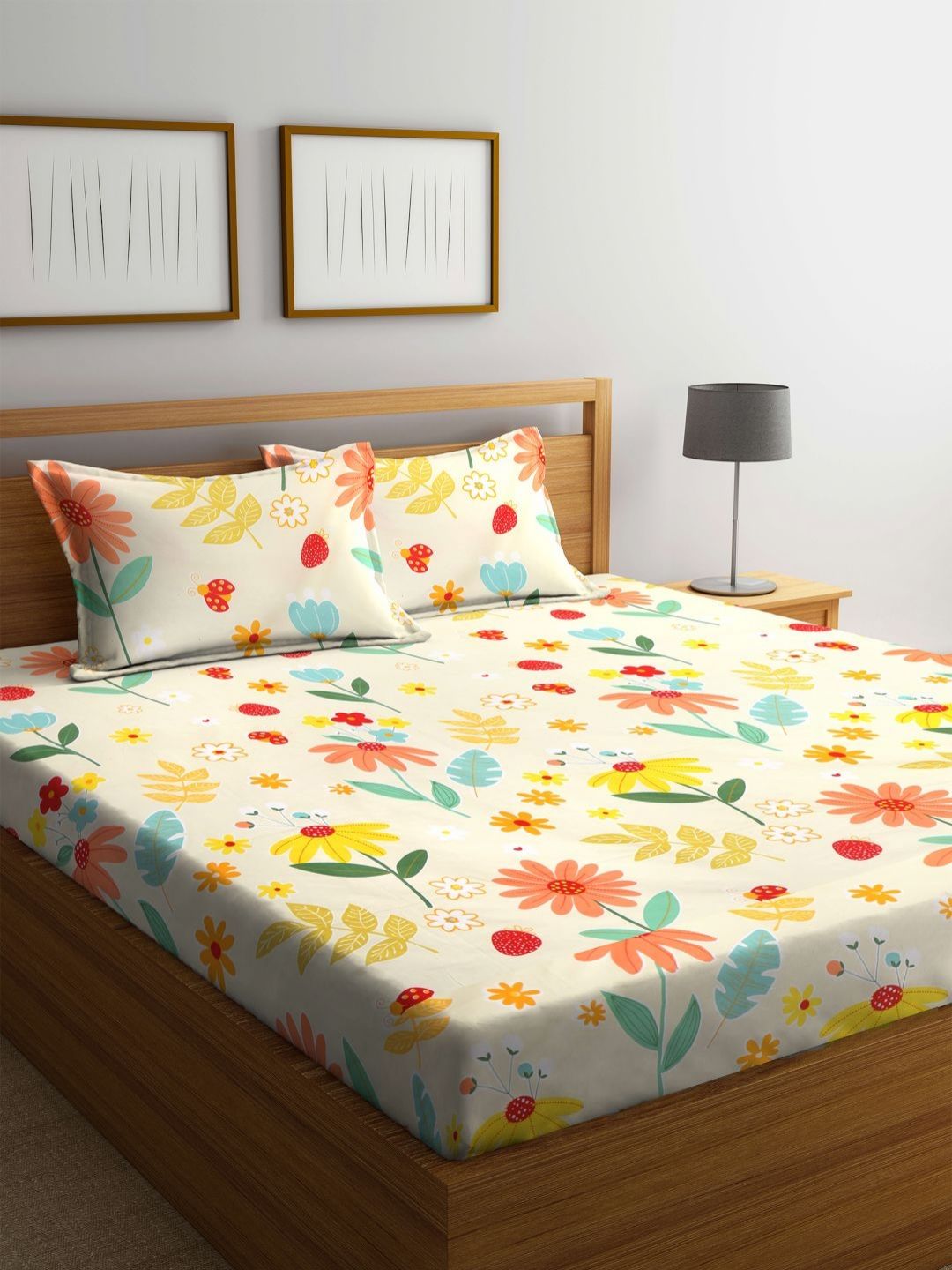 Myntra Elegant Homes Yellow Floral Cotton 300 TC King Fine Bedsheet with 2 Pillow Covers-98 x 87 inches