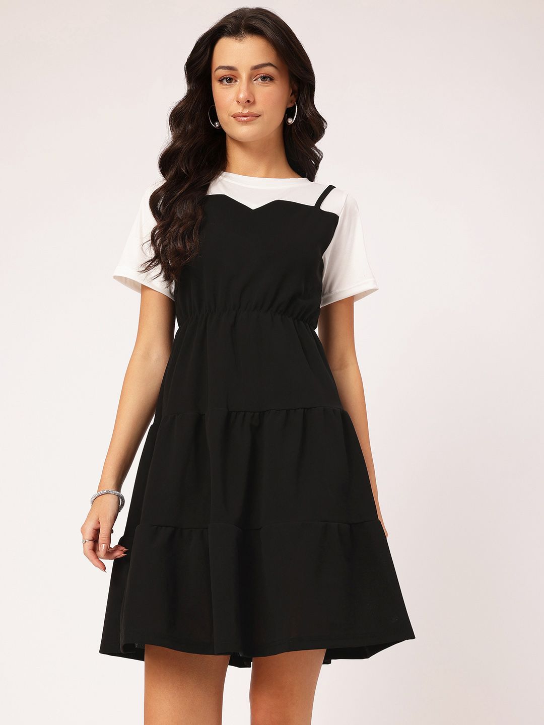 DressBerry Cute & Comfy Monochrome A-Line Tiered Mini Dress
