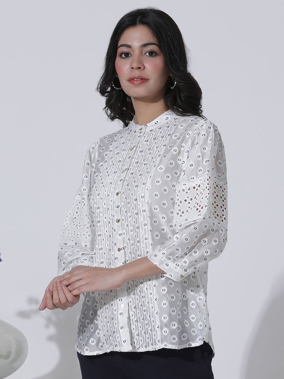 W Geometric Print Mandarin Collar Puff Sleeve Shirt Style Top