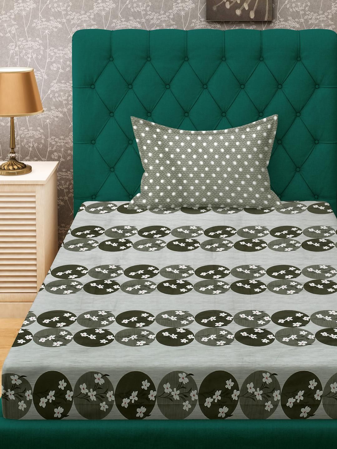 KLOTTHE Olive Floral Cotton Single Bedsheets