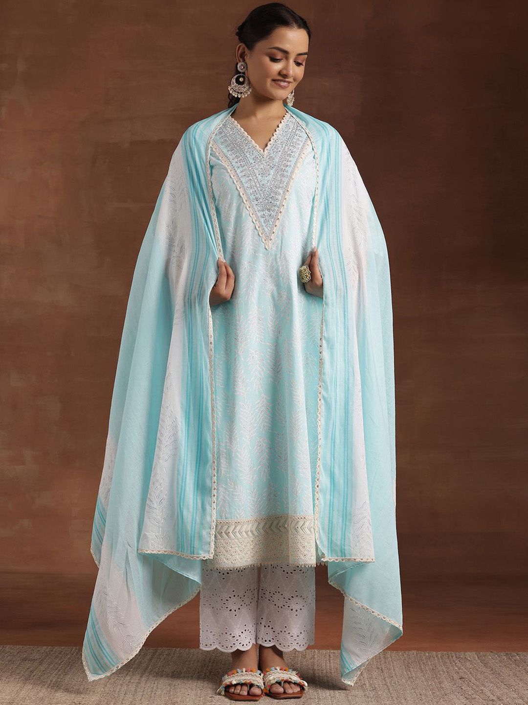 Libas Floral Printed Sequinned Pure Cotton Kurta with Trousers & Dupatta