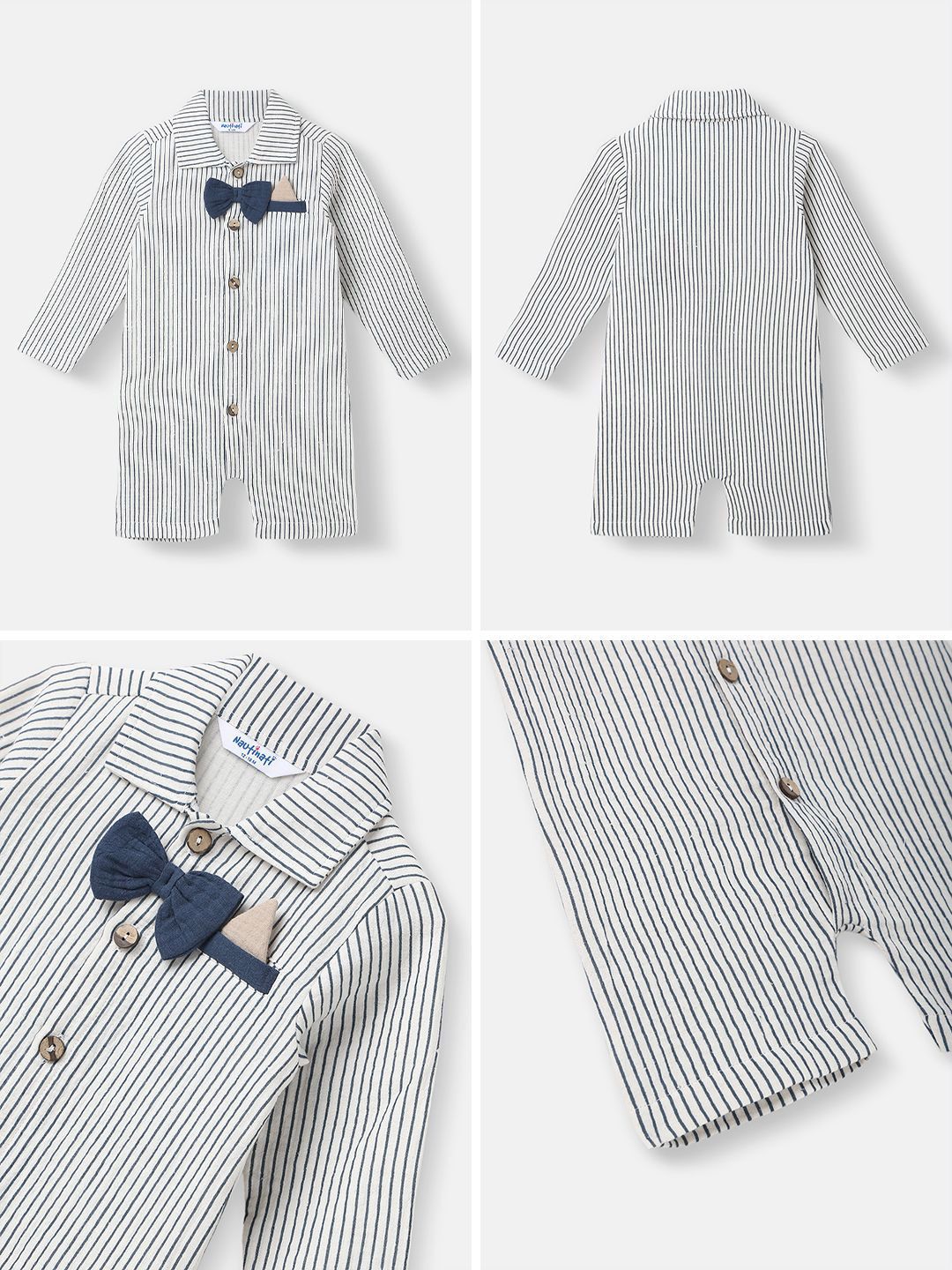 Nauti Nati Boys Striped Romper Bow At Placket Collar Neck Romper For 0-2 Years