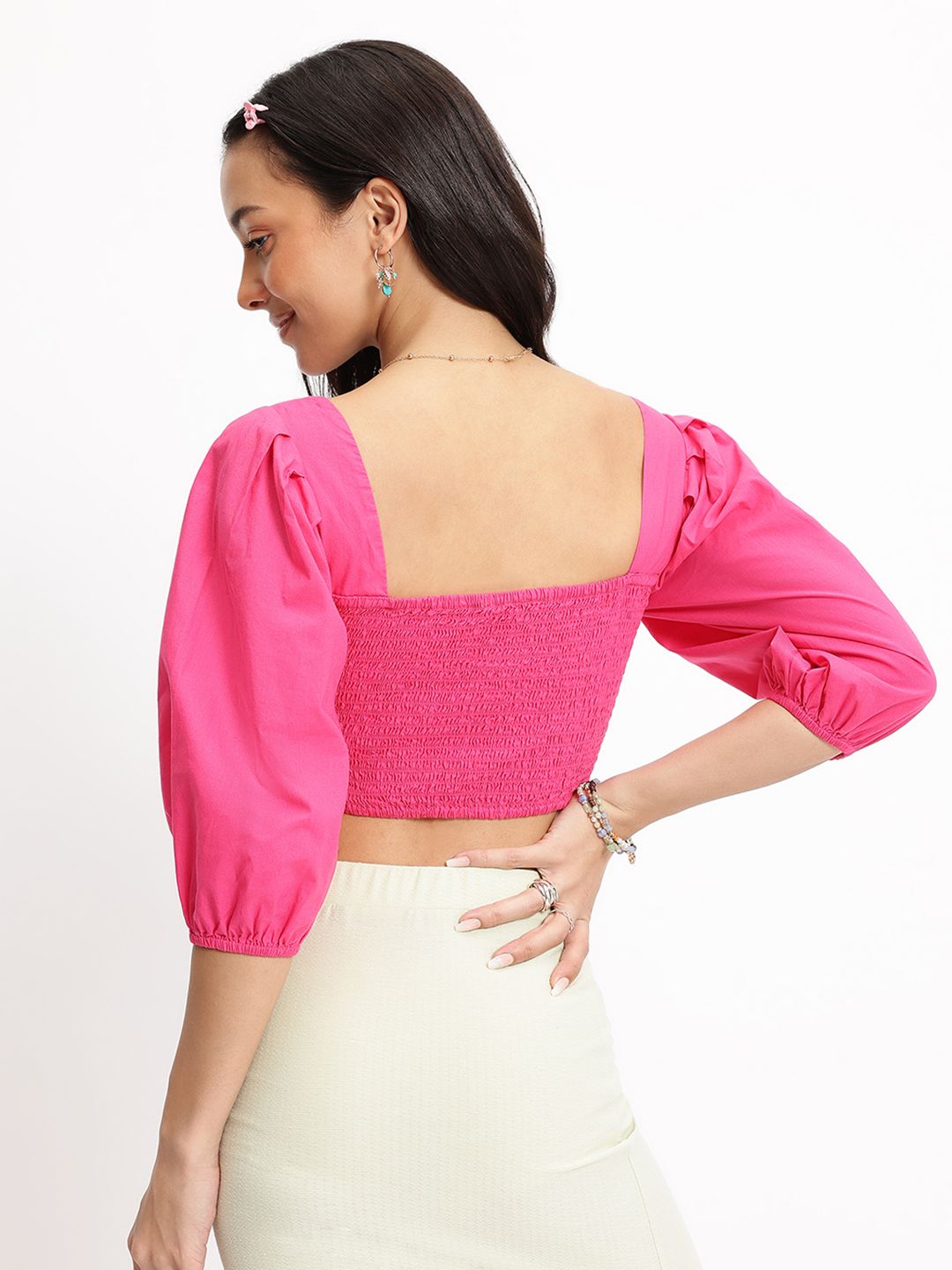DressBerry Fuchsia Flair Cosmic Cut-Out Sweetheart Neck Pure Cotton Smocked Top