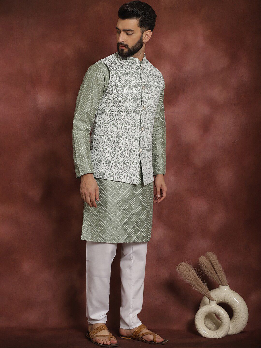 Anouk Floral Woven Design Mandarin Collar Long Sleeves Kurta with Churidar Nehru Jacket