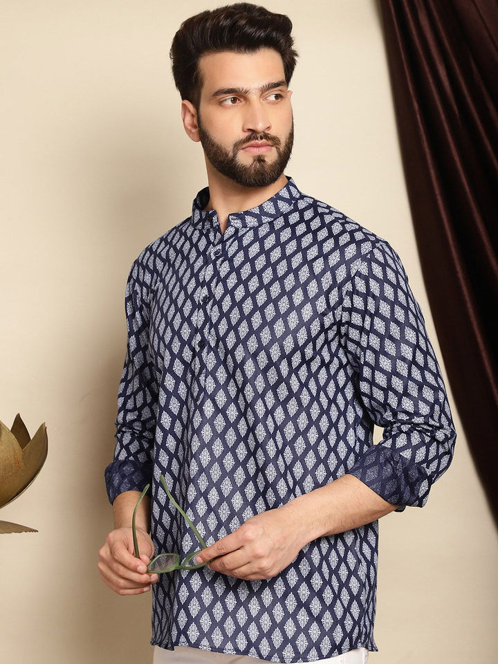 Anouk Ethnic Motifs Printed Band Collar Cotton Linen Straight Short Kurta