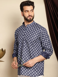 Anouk Ethnic Motifs Printed Band Collar Cotton Linen Straight Short Kurta