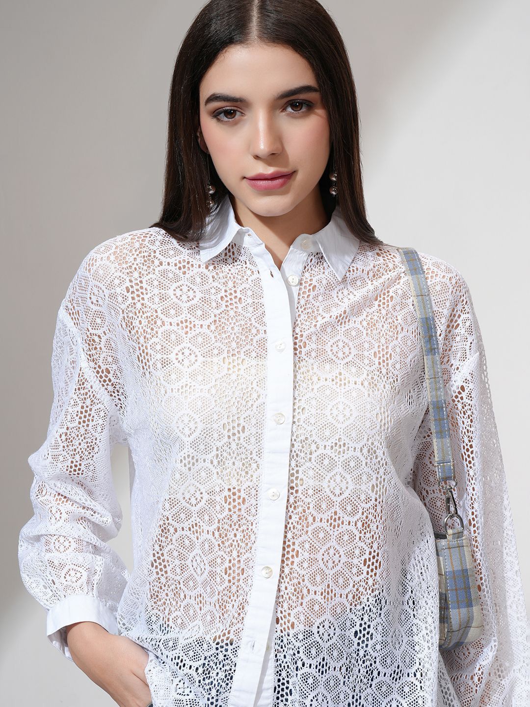 Tokyo Talkies Women Relaxed Fit Drop Shoulder Lace Shirt