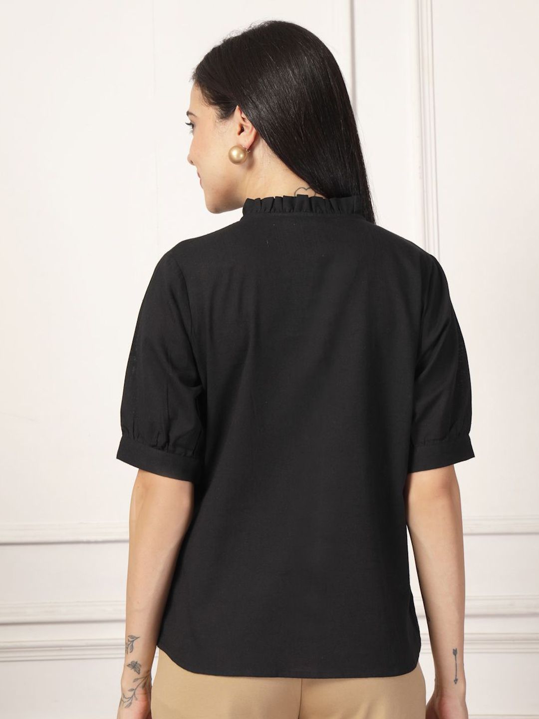 Style Quotient Smart Mandarin Collar Puff Sleeves Gathers Formal Cotton Shirt