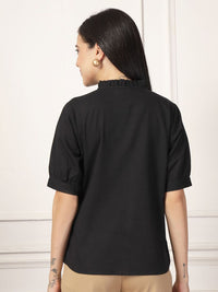 Style Quotient Smart Mandarin Collar Puff Sleeves Gathers Formal Cotton Shirt