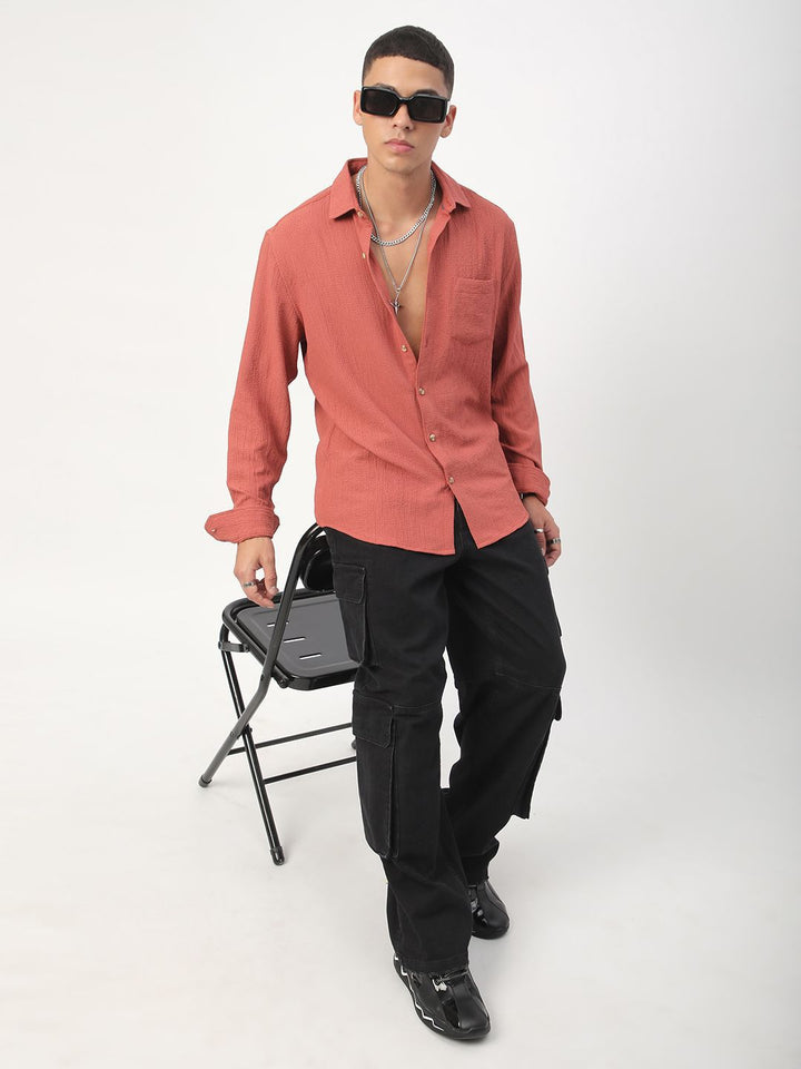 VASTRADO Men Classic Spread Collar Textured Casual Shirt