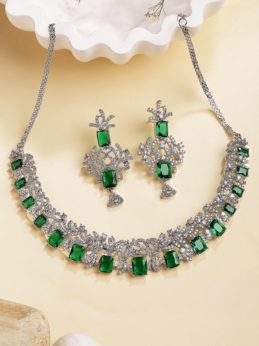 KARATCART Silver-Plated Green AD Stone Studded Jewellery Set