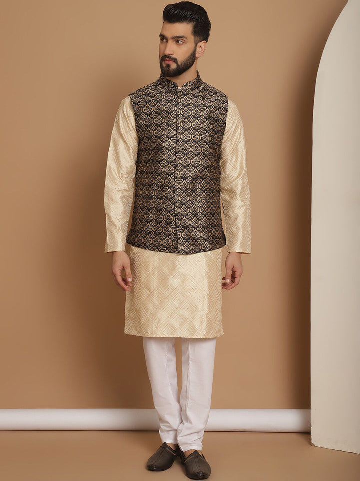 Anouk Men Geometric Embroidered Thread Work Regular Kurta With Churidar & Nehru Jacket
