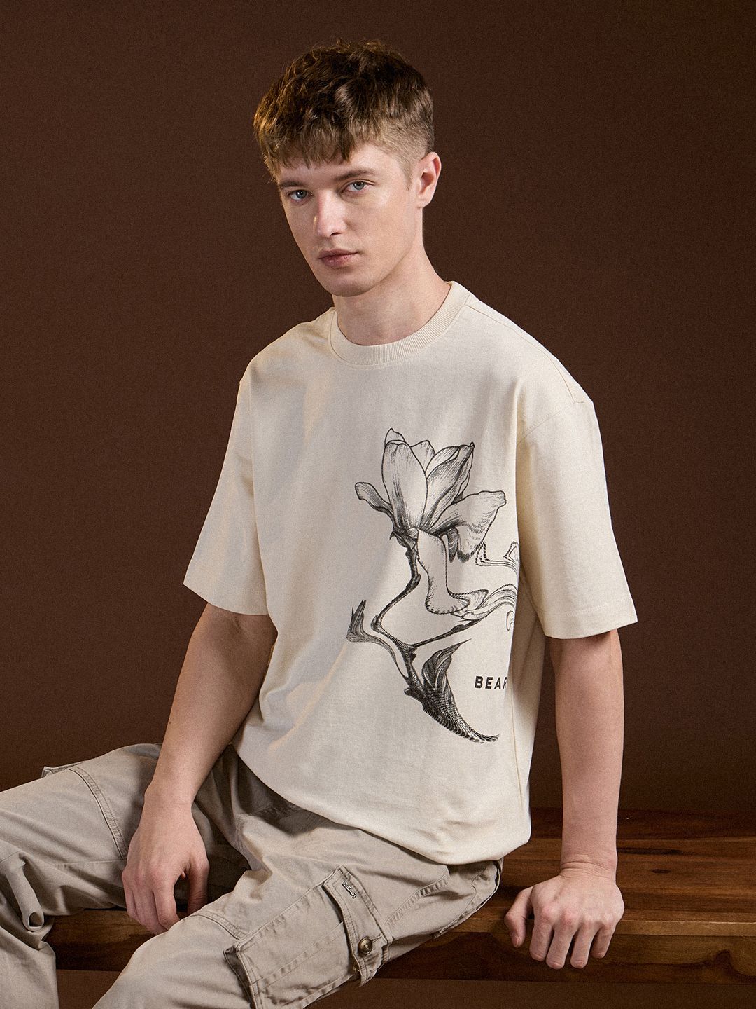 THE BEAR HOUSE Men Floral Printed Round Neck Cotton Oversized Fit T-shirt