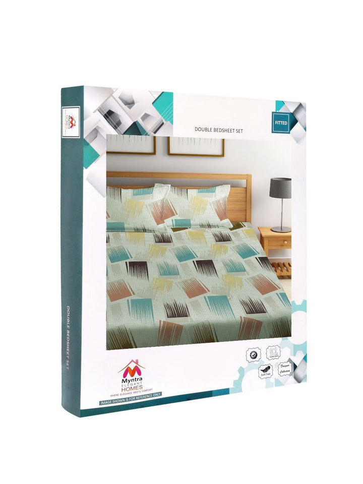 Myntra Elegant Homes Grey & Green Printed 300 TC Fitted King Bedsheet Set 2.45 x 2.25 m