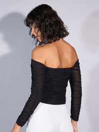 SASSAFRAS Striped Off-Shoulder Net Bardot Top