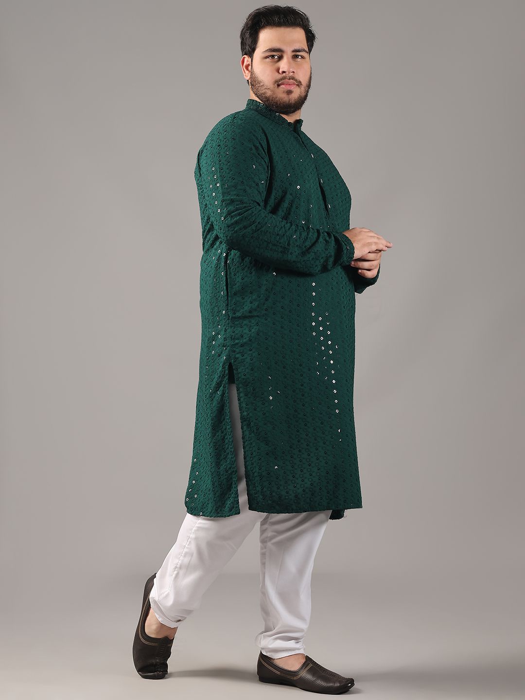 SOJANYA PLUS Size Floral Embroidered Band Collar Sequin Cotton Straight Kurta