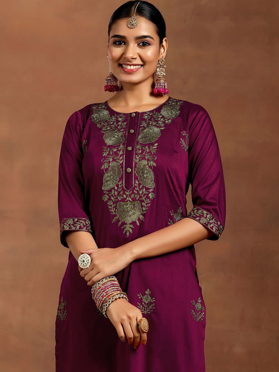 Gerua By Libas Floral Embroidered Thread Work Straight Kurta With Trousers & Dupatta