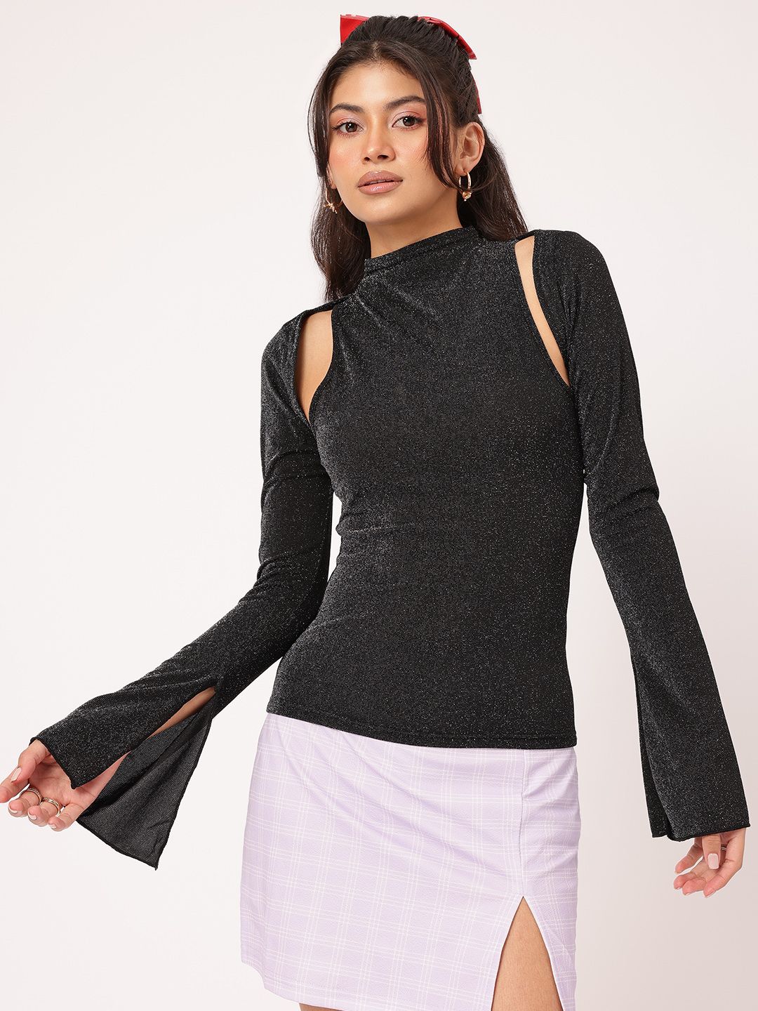 DressBerry Chic & Cheery High Neck Shimmer Top with Crop Shrug