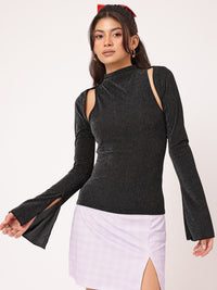 DressBerry Chic & Cheery High Neck Shimmer Top with Crop Shrug