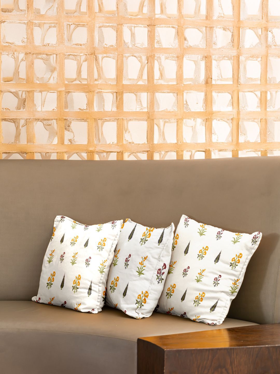 URBAN SPACE White & Yellow 3 Pieces Floral Printed Cotton Square Cushion Covers