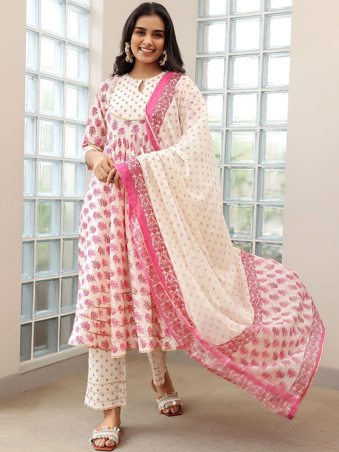 Libas Floral Printed Gotta Patti Pure Cotton Anarkali Kurta with Trousers & Dupatta