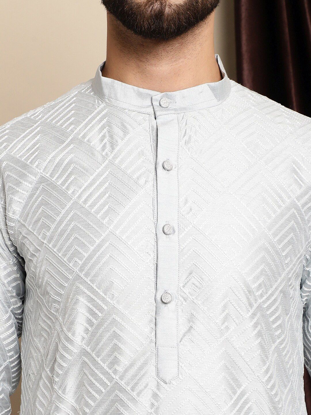 Anouk Geometric Embroidered Band Collar Thread Work Detail Straight Kurta with Churidar