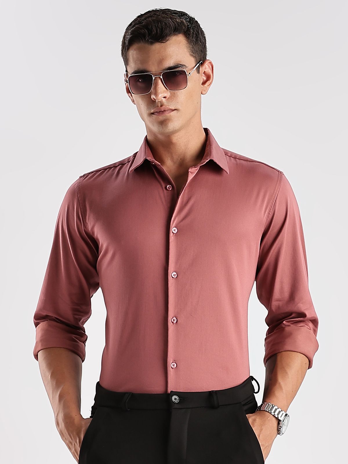 ADRO Men Slim Fit Solid Satin Casual Shirt