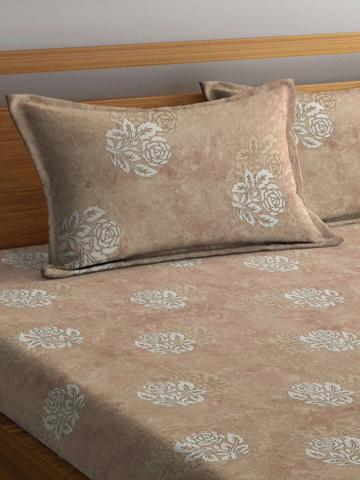 Myntra Elegant Homes Beige Floral Cotton 400 TC King Superfine Bedsheet with 2 Pillow Covers-250 x 225 cm