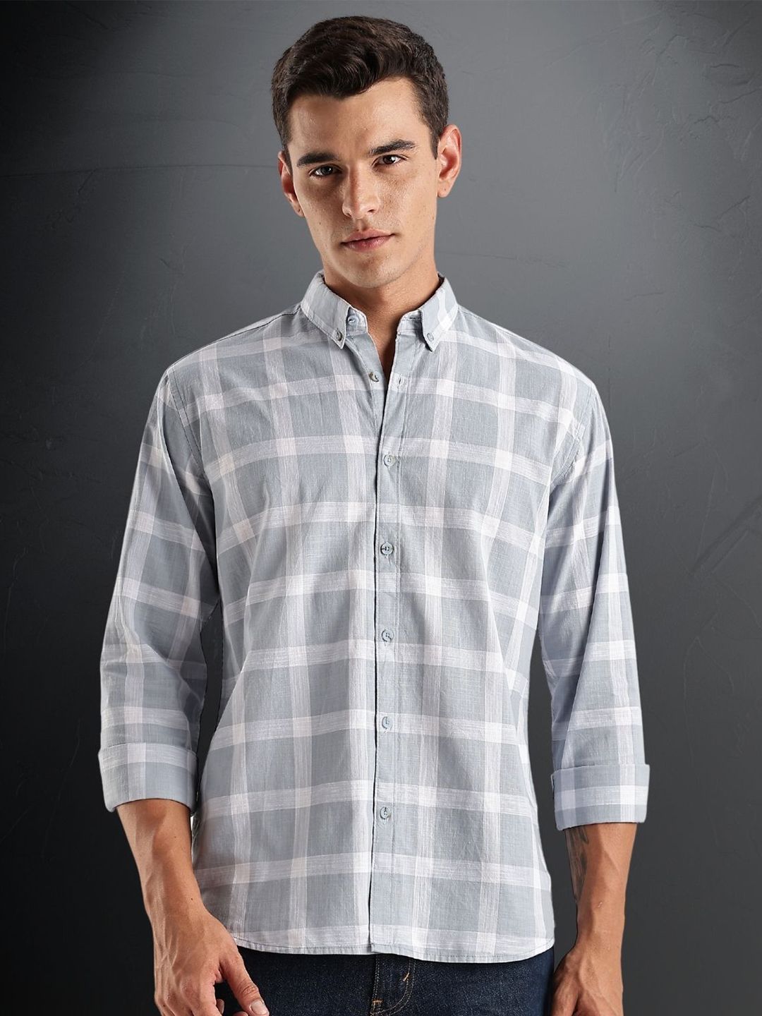 ADRO Tartan Checked Spread Collar Baju Kasual Kapas Lengan Panjang