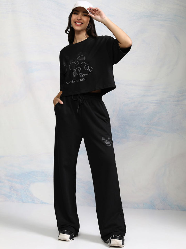 Tokyo Talkies Disney Women Mickey Mouse Printed Crop T-Shirt With Trouser Co-Ord Set