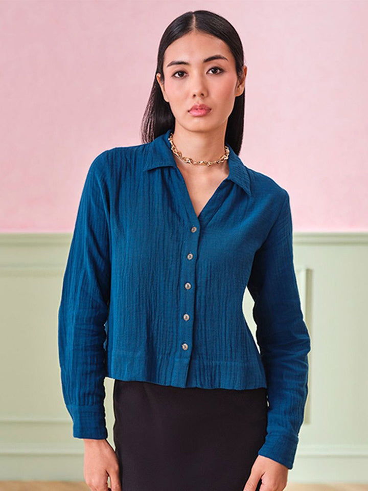 AND Women Solid Shirt Collar Cotton Top