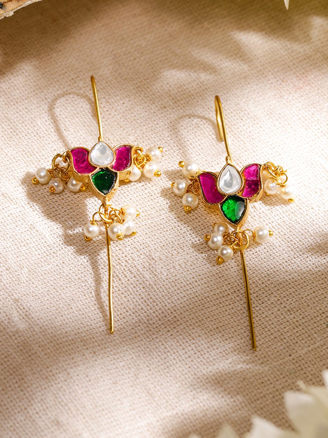 Rubans 22K Gold-Plated Ruby, Emerald, Kundan Studded & Pearls Beaded Lotus Shaped Ear Cuff
