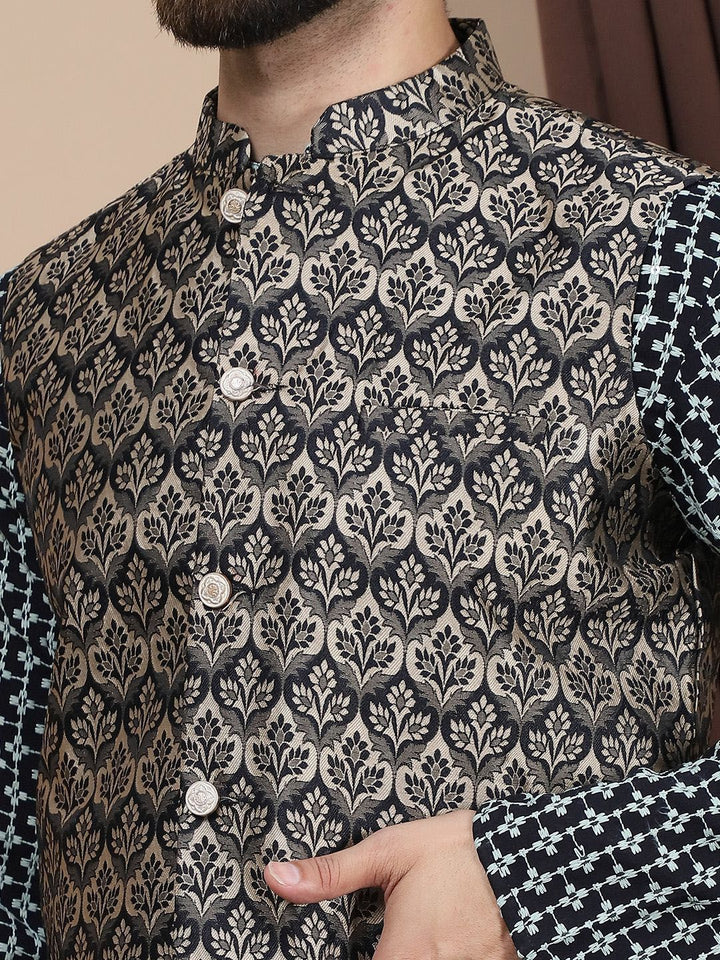 Anouk Ethnic Motifs Embroidered Pure Cotton Straight Kurta With Churidar & Nehru Jacket