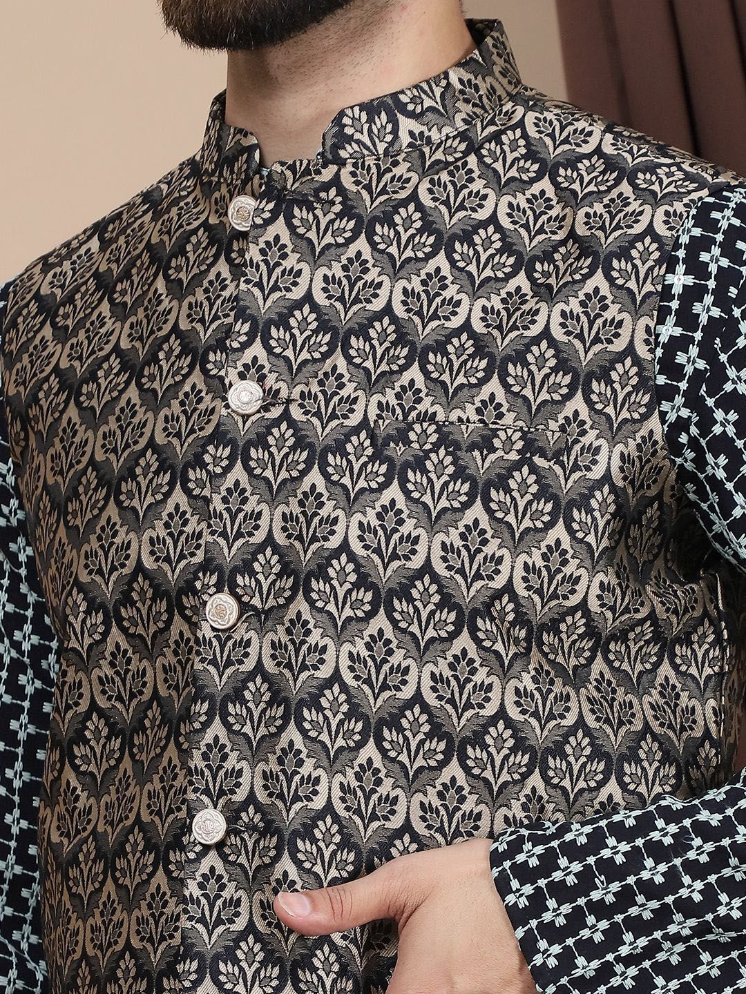Anouk Ethnic Motifs Embroidered Pure Cotton Straight Kurta With Churidar & Nehru Jacket