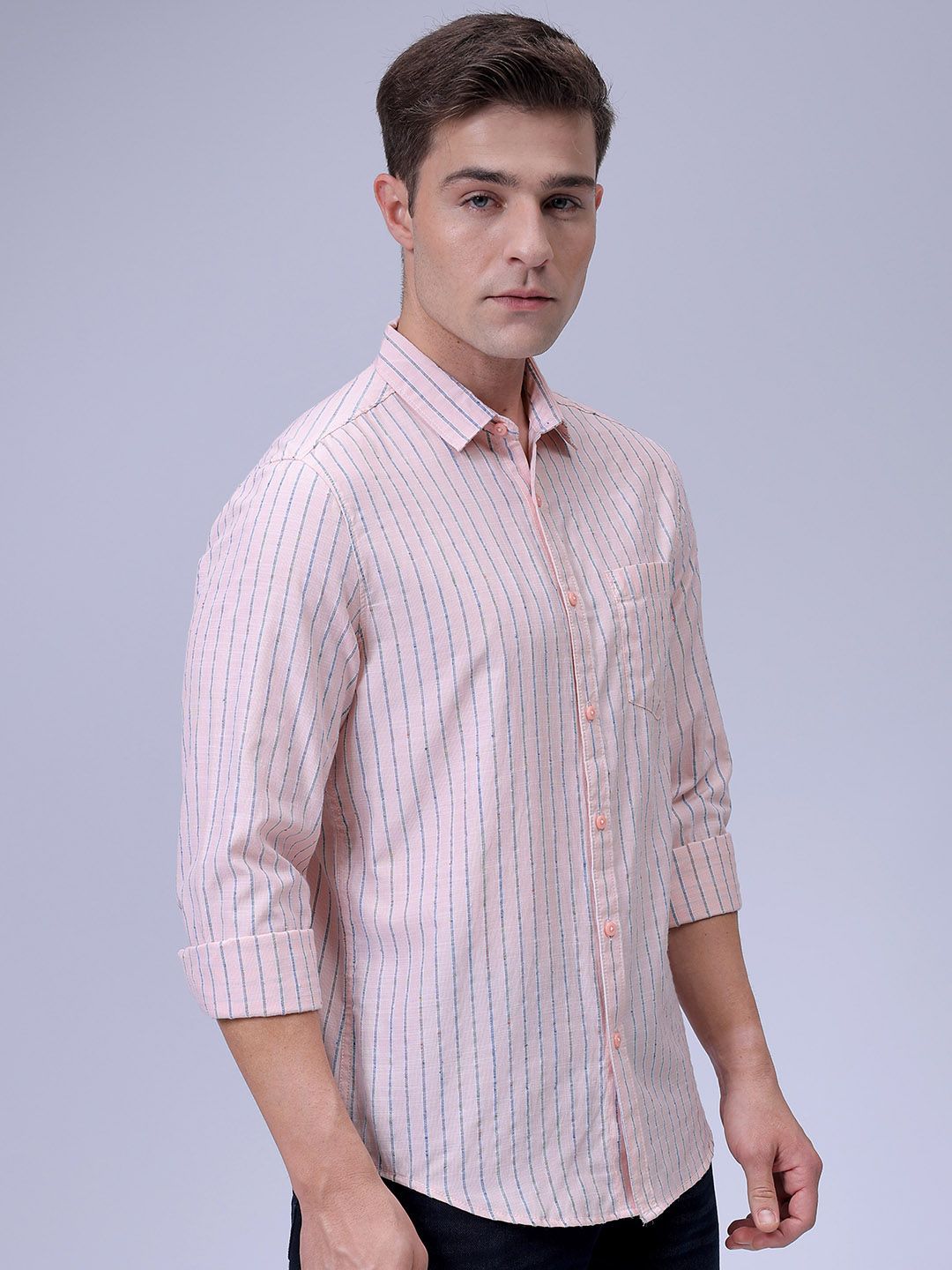 The Indian Garage Co Men Slim Fit Spread Collar Vertical Striped Cotton Casual Shirt