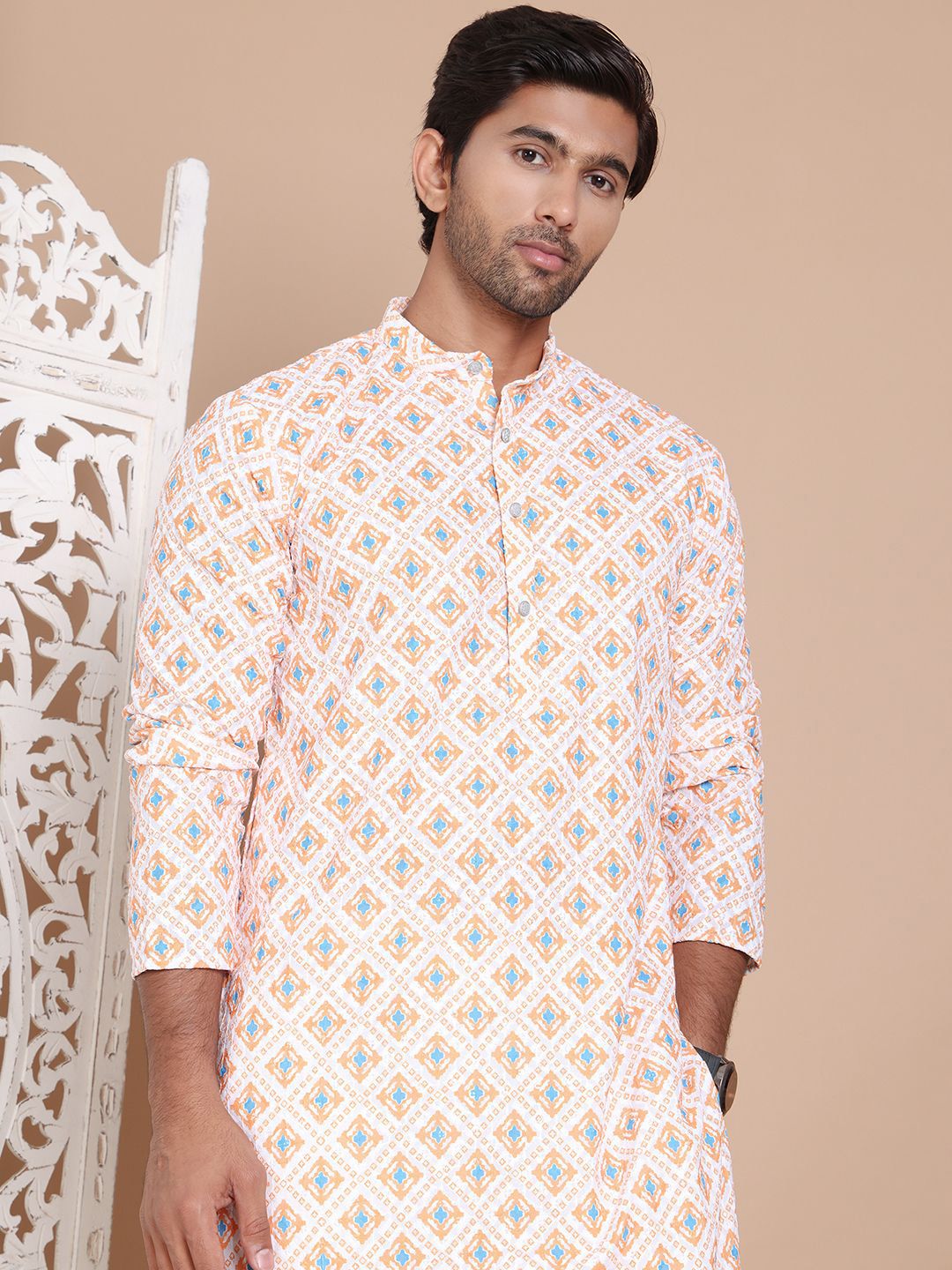 Jompers Men Printed Regular Chikankari Pure Cotton Kurta with Pyjamas