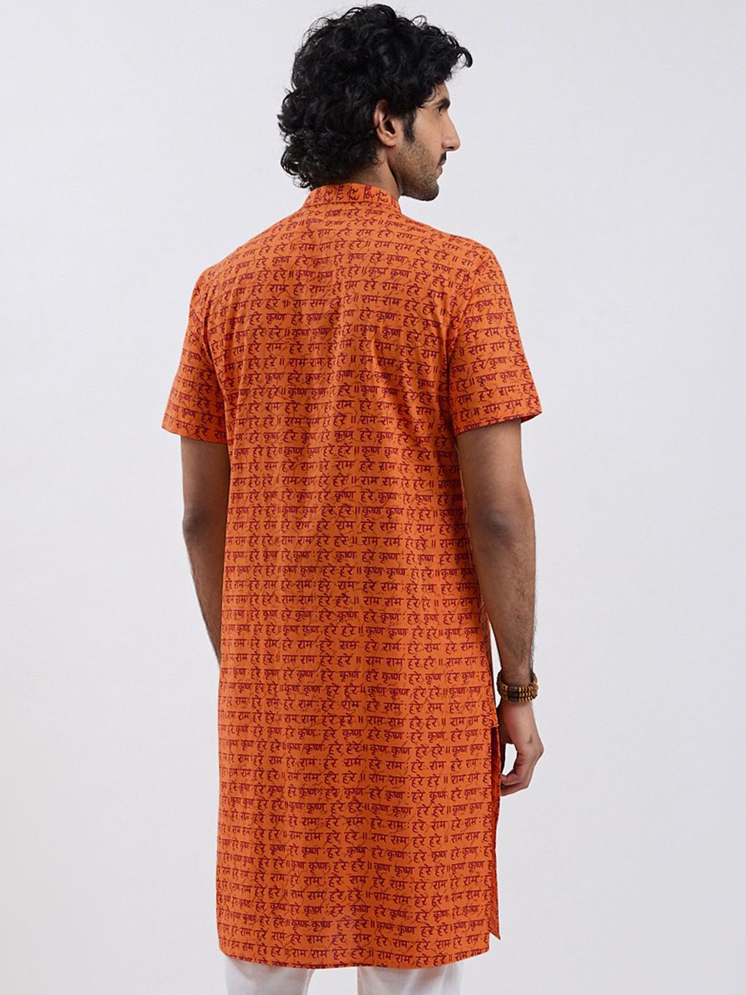 VASTRAMAY Ethnic Hare Krishna Hare Ram Printed Mandarin Collar Cotton Straight Kurta