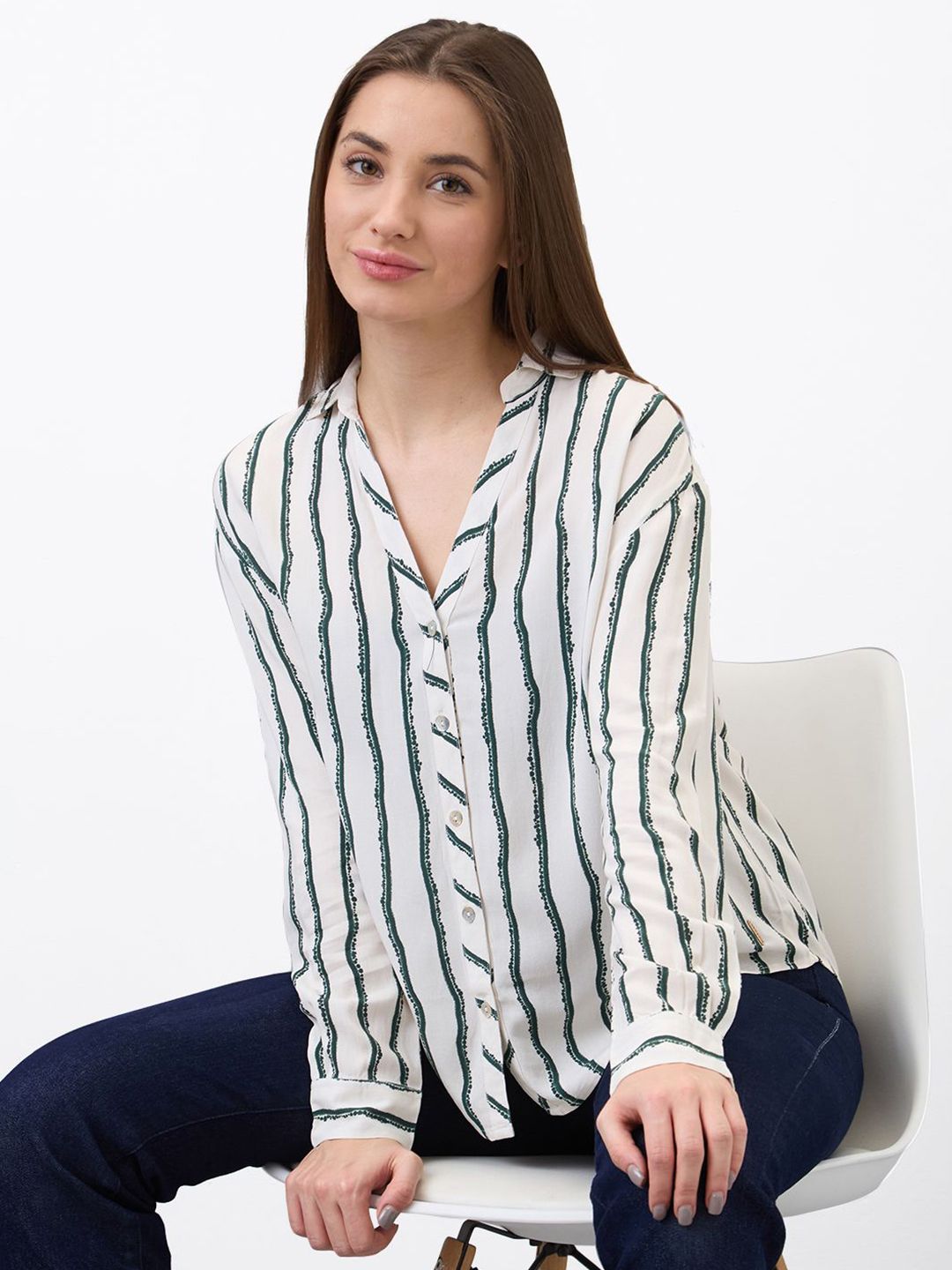 SPYKAR Women Spread Collar Vertical Striped Casual Shirt
