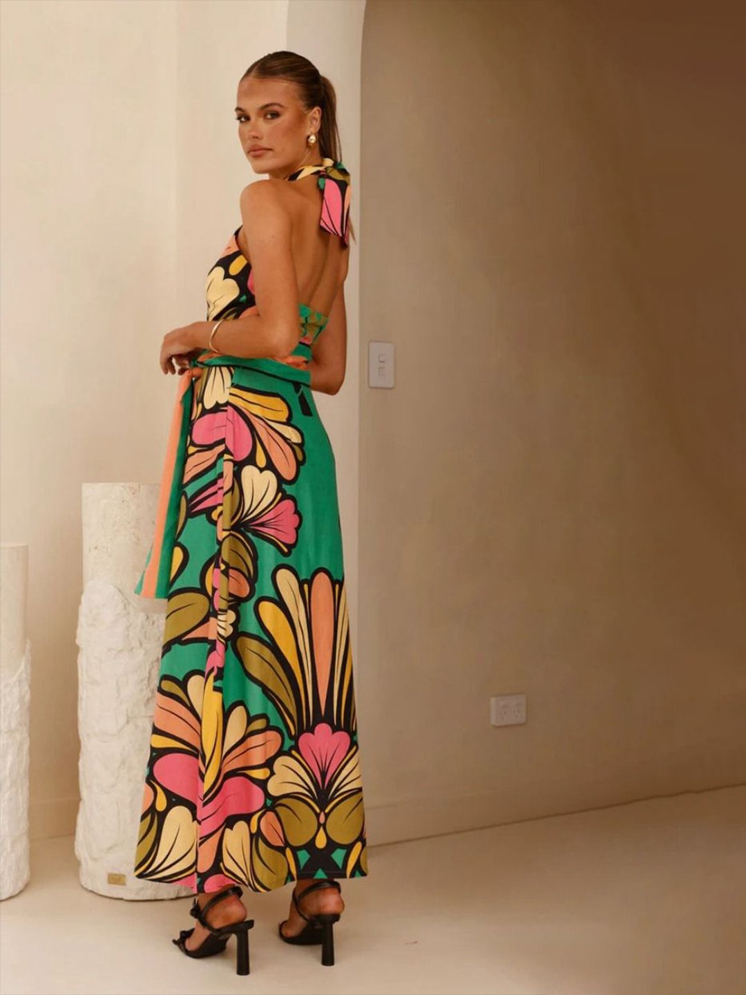 all about you Women Floral Print Halter Neck Belted Maxi Dress