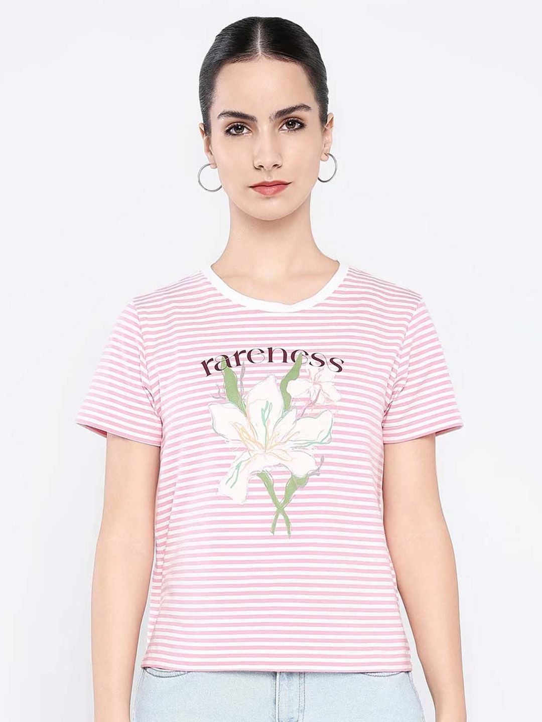 Rareism Wanita Grafik T-Shirt Leher Pusingan Dicetak