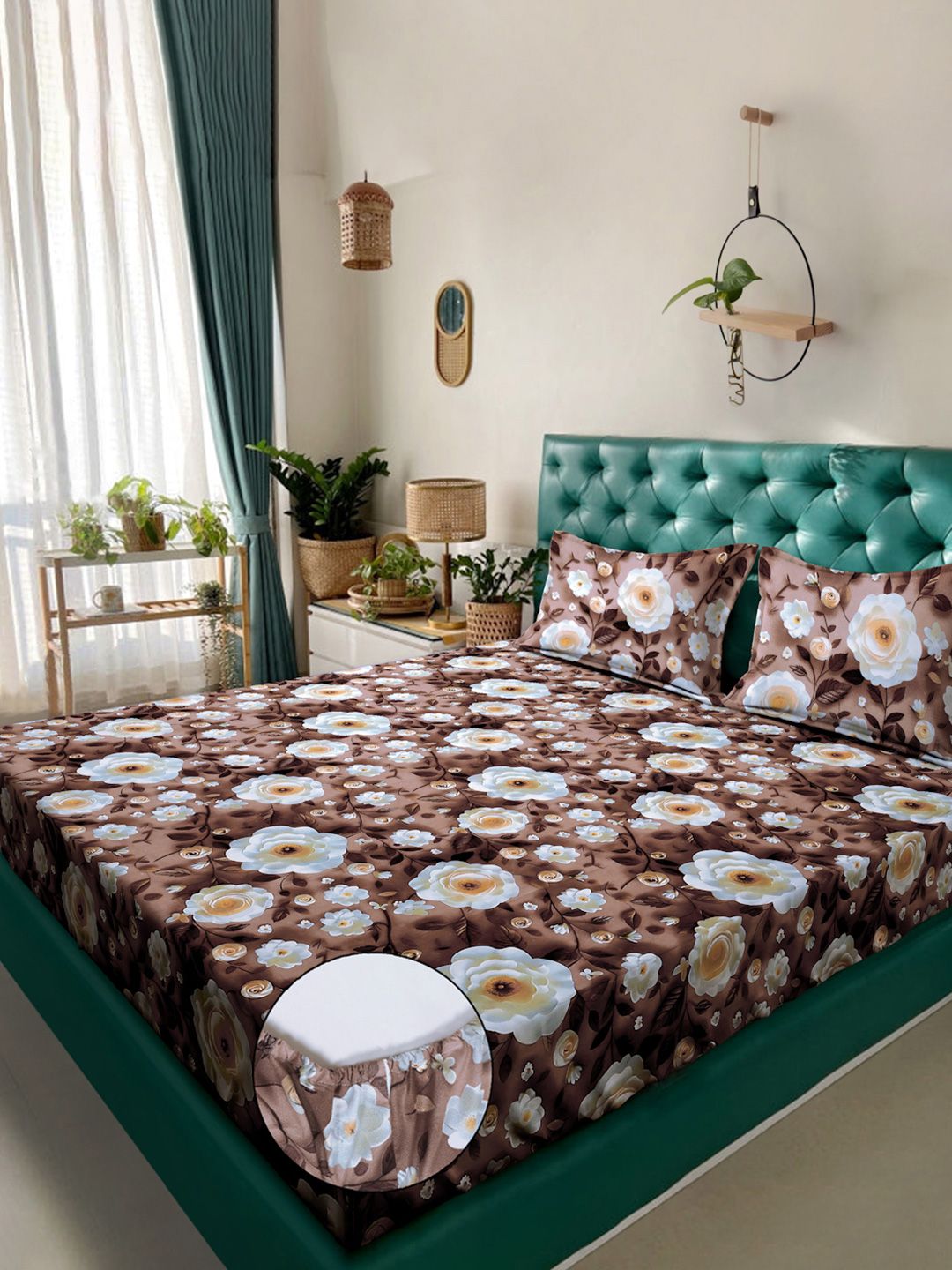 KLOTTHE Brown Floral Fitted 300TC King Superfine 7D Bedsheet & 2 Pillow Covers-2.50mx2.25m