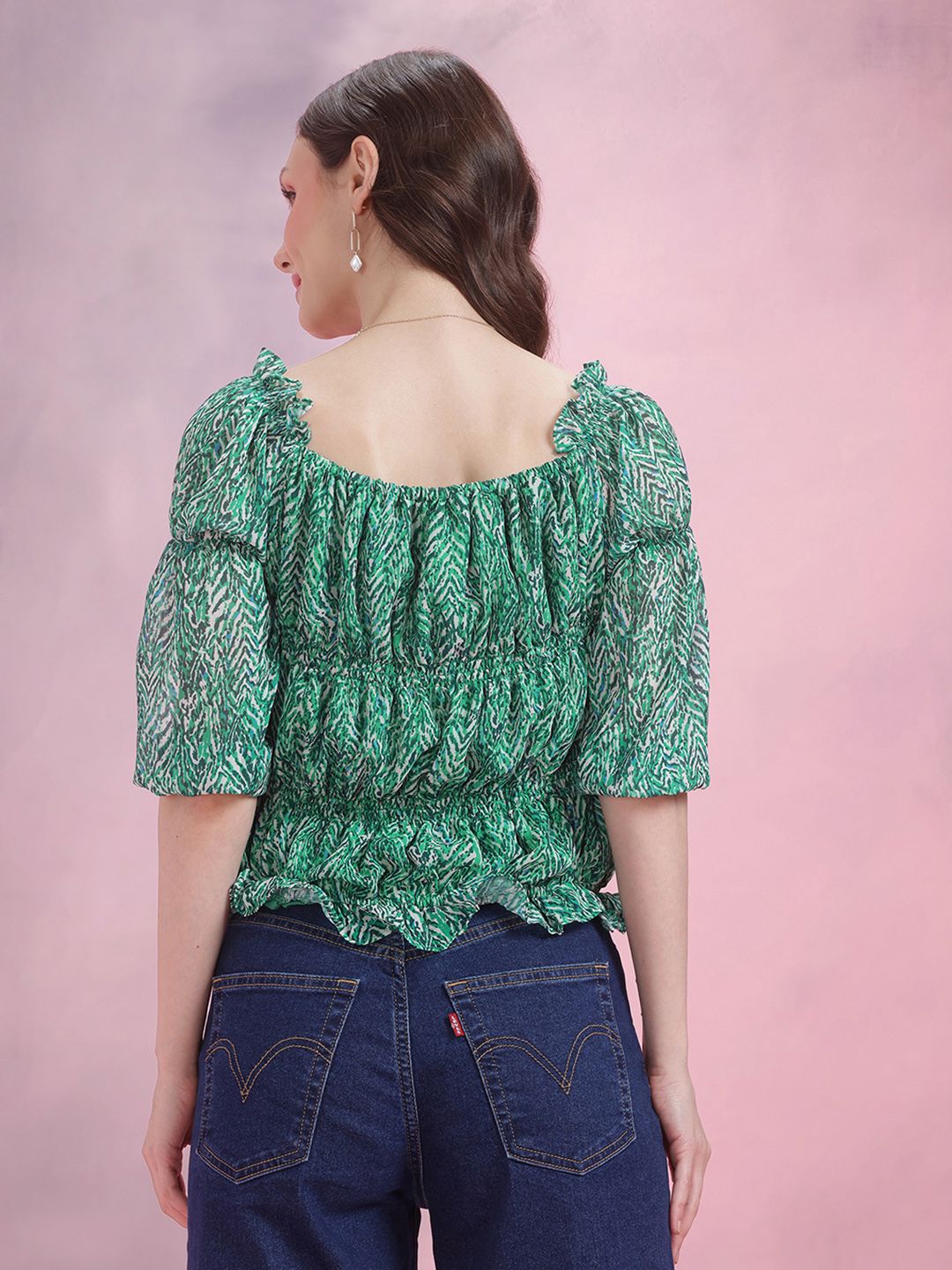 DressBerry Printed Puff Sleeve Smocked Top