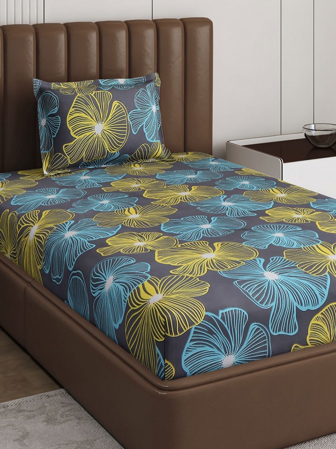 Monte Carlo Pixel Grey & Yellow Floral Printed 120 TC Single Bedsheet Set 1.52 m x 2.30 m