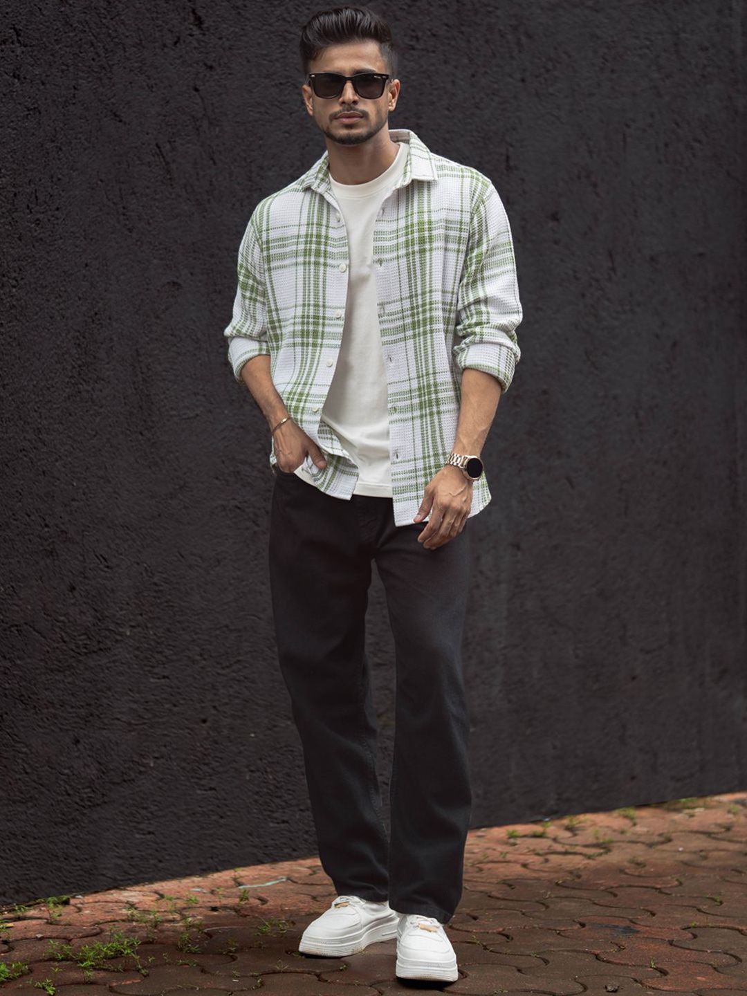 Powerlook Men Spread Collar Tartan Checked Cotton Casual Shirt