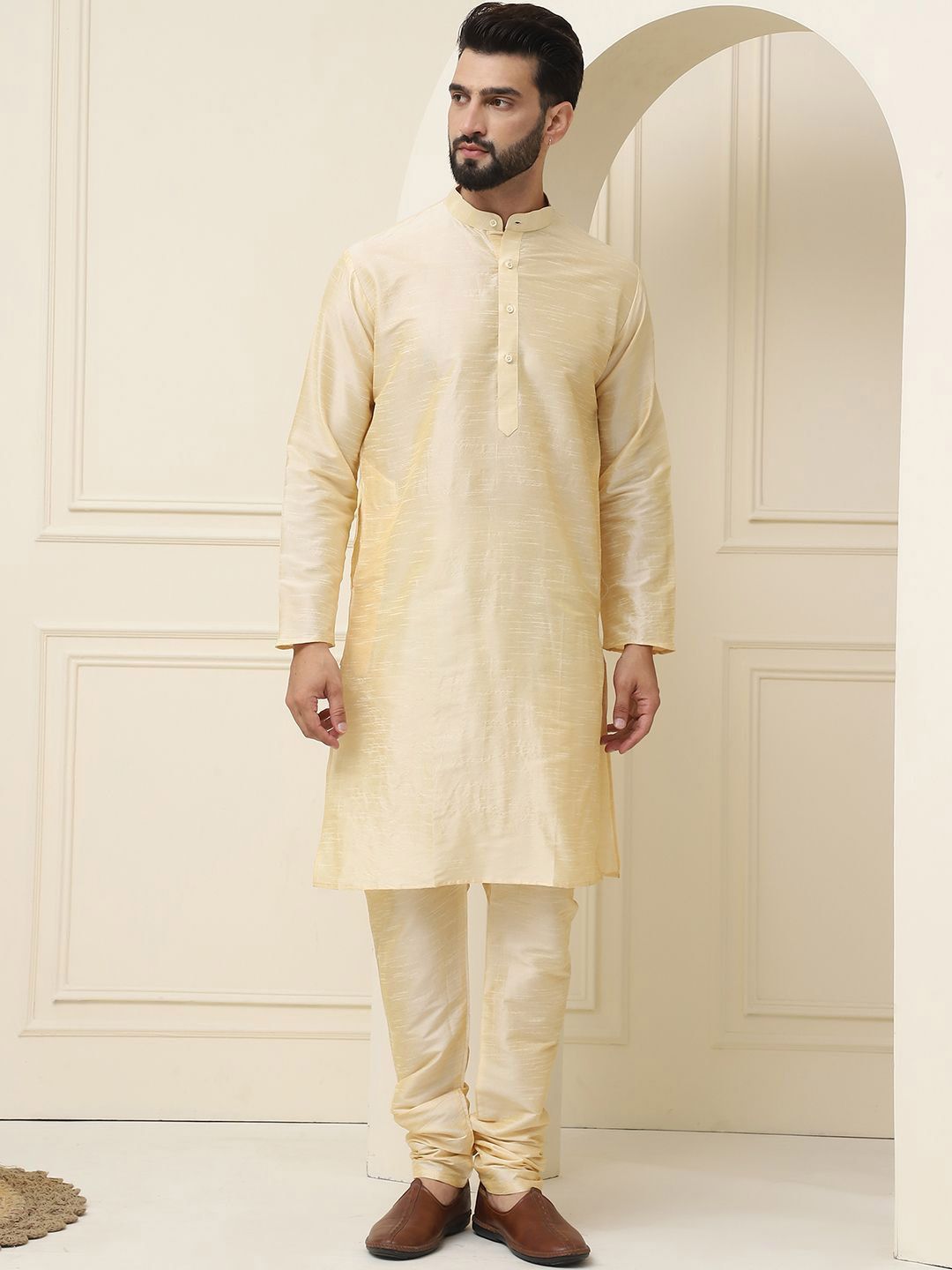 SOJANYA Mandarin Collar Zari Silk Cotton Straight Kurta with Pyjamas & Nehru jacket