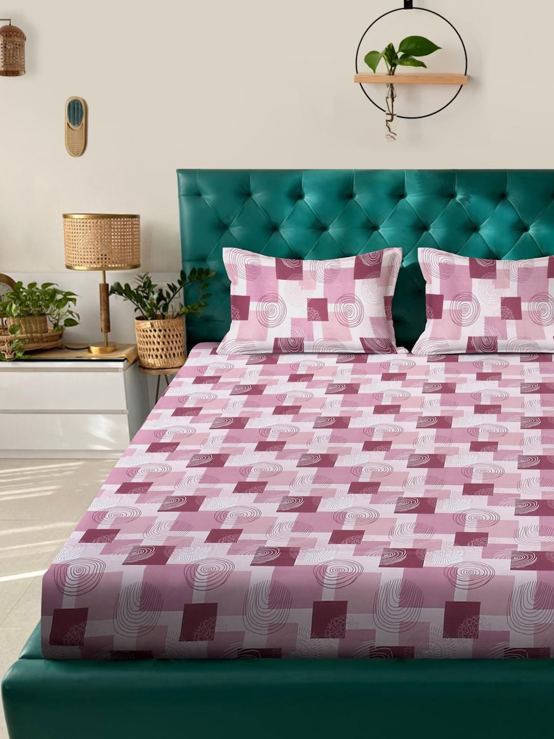 KLOTTHE Pink Geometrik Kapas 400 TC Cadar King Halus dengan 2 Sarung Bantal-98 x 89 inci